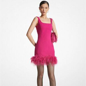 Michael Kors - Feather Trim Stretch Crepe Shift Dress - Deep Fuchsia - 4 - New